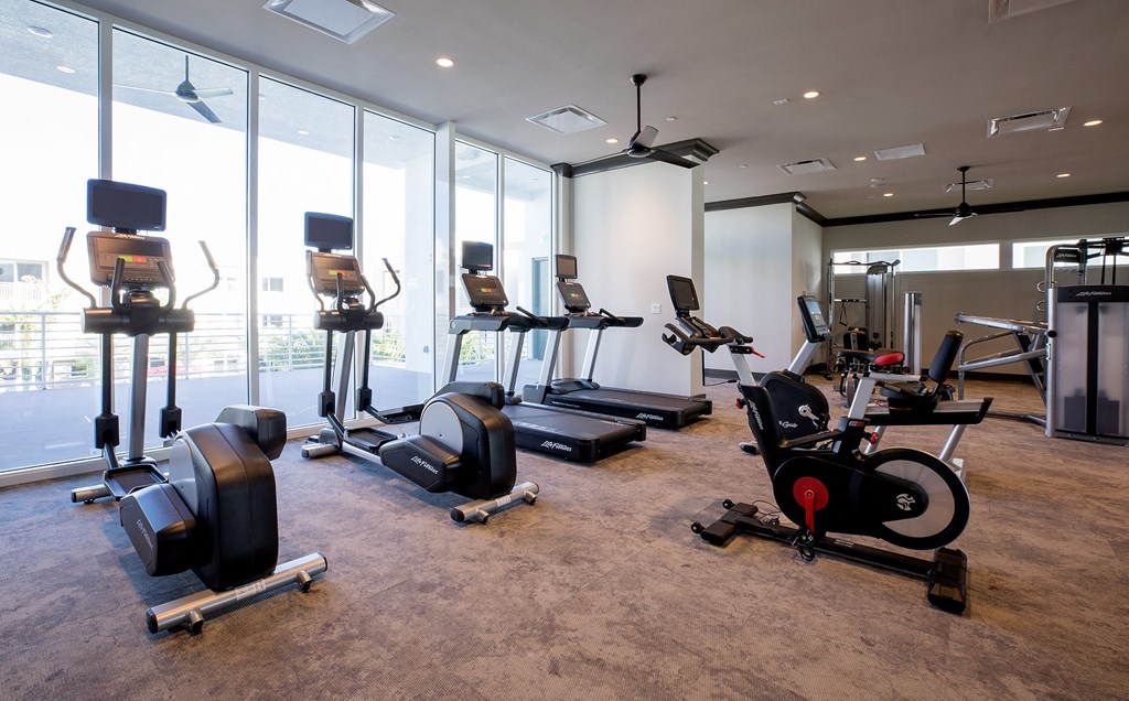 a gym with treadmills and other exercise equipment